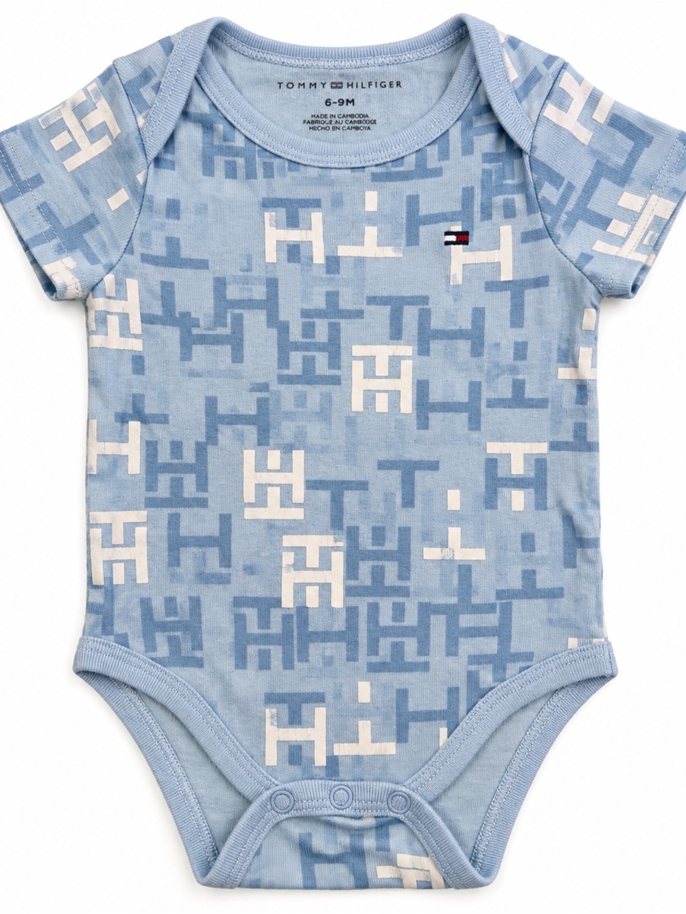 Tommy Hilfiger Blue & Cream Logo-Pattern Baby Bodysuit Onsie